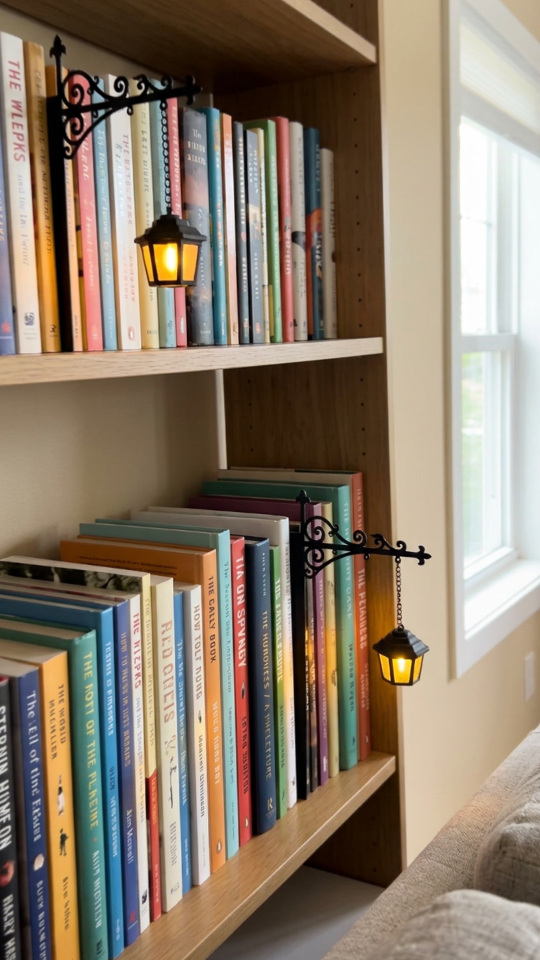 Two lanterns mounted on built-in shelves by a window