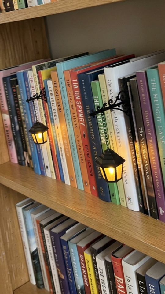 Two lanterns glowing along a row of colourful paperbacks