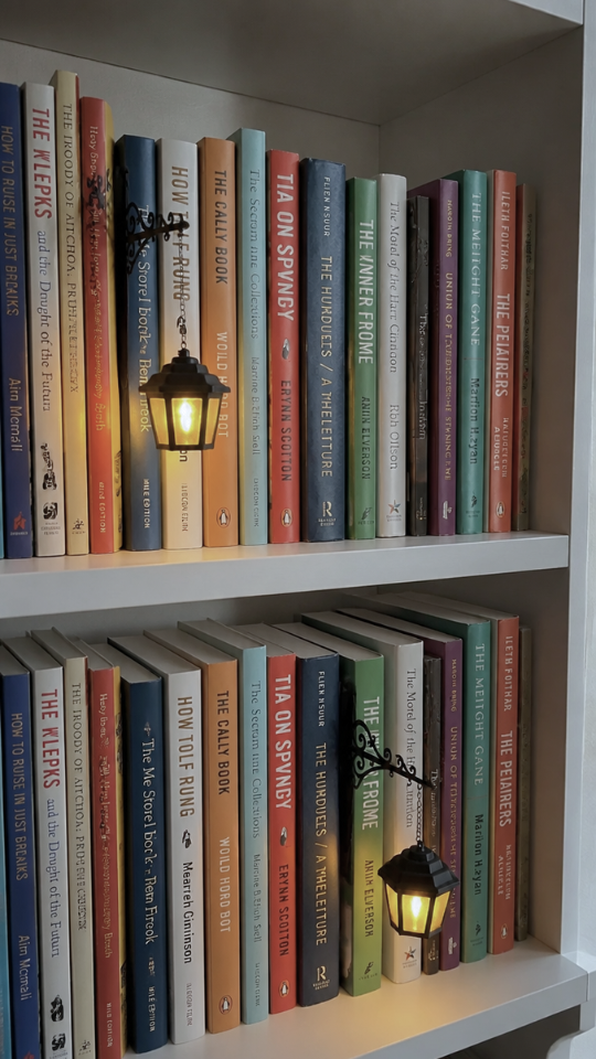 Lantern bookends casting warm light on two white shelves